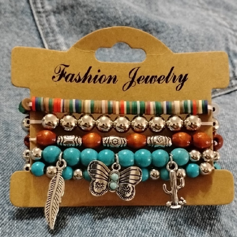 Chic Turquoise and Silver Charm Bracelet Set - Picture 1 of 5